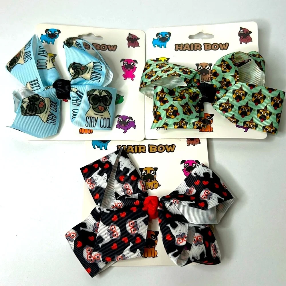 PUG Dogs Grosgrain All Over Print Bundle of 3 Adorable Hair Bows‎ Super Cute NWT